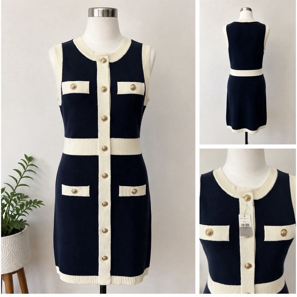 Endless Rose Anthropologie Knit Mini Dress M Navy Ivory Gold Button Preppy